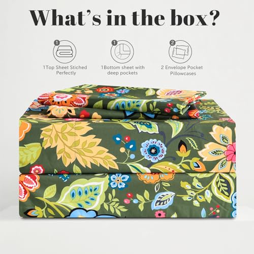 Bedlifes King Sheet Set Ultra Soft, Breathable, Silky Flower Deep Pocket 100% Microfiber Bedding, 4 Piece King Size with Floral Dark Green