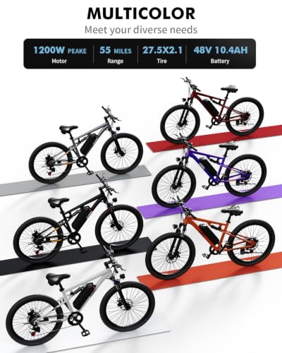 Image of Qlife Electric Bike for Adults /Teens Racer, 21-Speed Peak 1200W Brushless Motor Adult Electric Bicycles, 48V 10.4Ah Removable Battery Mountain Ebike, Up to 55 Miles, 27.5X2.1 Tire E Bike
