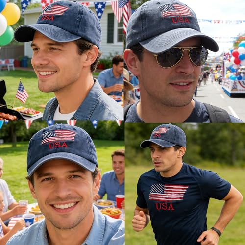 Image of IZUS Men's USA-Flag-Embroidered Baseball-Cap Washed-Cotton Dad-Tracker-Hat American-Independence-Day