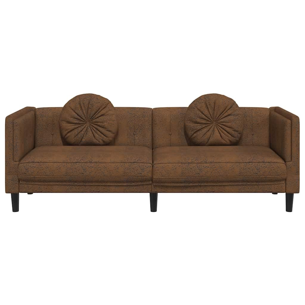 Canapé 3 places en cuir synthétique marron aspect daim de 193,5 cm de large avec 2 coussins ronds Canapé de salon confortable pour des heures de détente