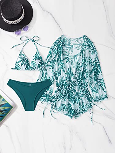 Makemechic Women's 3 Piece Swimsuit Halter Triangle High Cut Bikini Set Sheer Mesh Cover Up Romper Multicolor M #TOP2