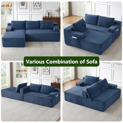 Image of 96 inch Modular Sectional Sofa, Modern Corduroy Cloud Couch, Boneless Couch Upholstered 3-Seater L-Shaped Sofa for Living Room, No Assembly Required (Blue, Left-Facing Chaise)