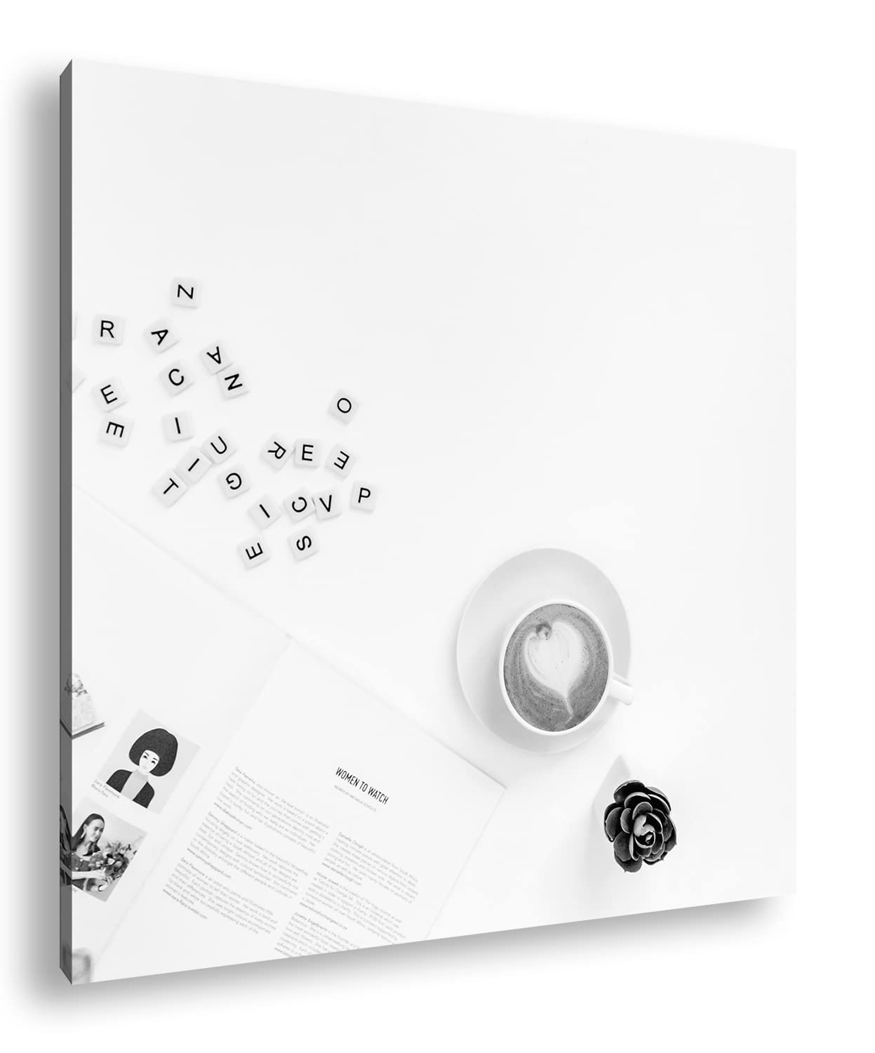 Café de la mañana en el trabajo. Formato: 70 x 70 cm. Efecto: blanco y negro como lienzo, diseño listo enmarcado en marco de madera real, impresión digital de alta calidad con marco