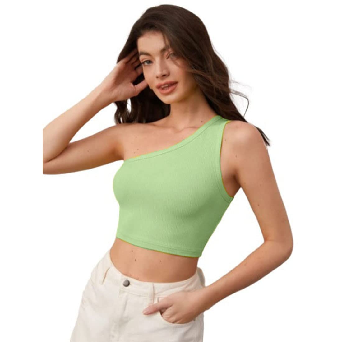 glare & blair Solid One Shoulder Western Stylish Sleeveless Ribbed Crop Tank Top for Women-picture-37