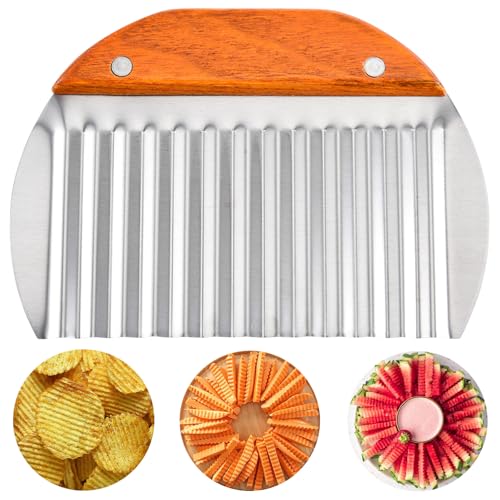 Suuker Large Crinkle Cutter for Veggies,French Fry Cutter with Wooden Handle,Potato Slicer French Fries Chopper,Potato Chip Slicer,Crinkle Cut Fries,Wavy Knife for Cucumber,Carrot,Carrot Chopper