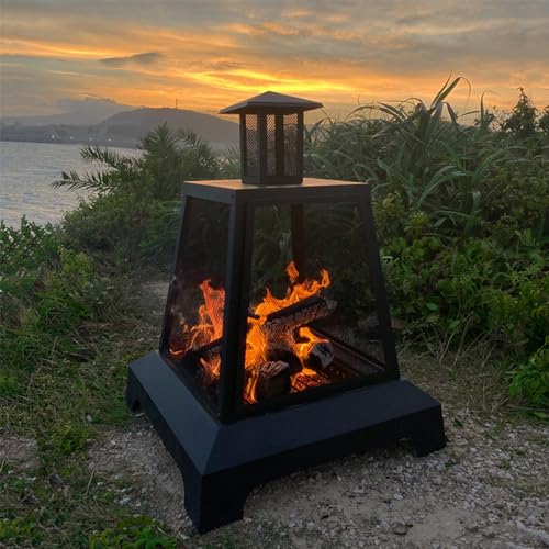 Gusseisenofen für den Außenbereich, Terrassenofen, Holzofen, Garten-Feuerstelle, Terrassenkamin, Holzbrenner, Feuerschale, Heizofen mit Netzumrandung, Schwarz