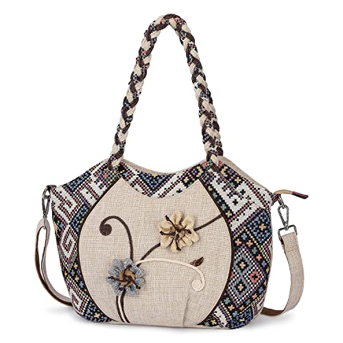 Auluda Sac à bandoulière ethnique Boho, sac fourre-tout en toile pour femme avec bandoulière longue réglable. Sac de boulette de grande capacité de fleurs...