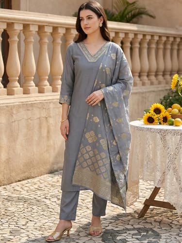 Image of INDO ERA Women's Viscose Self Design Straight Kurta with Pant & Dupatta Set