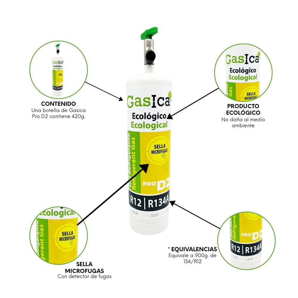 Gas Refrigerante Ecológico Orgánico GASICA D2 PRO Compatible con R134A y R12 – Pack de 3 Envases (Equivalente a 900 g) con Válvula Incluida