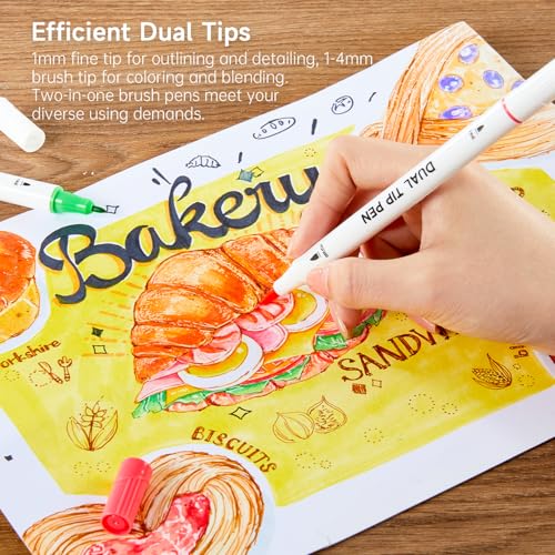 Image of Shuttle Art Dual Tip Brush Marker Pens, 105 Colors Fine and Brush Tip Markers Set in Portable Case with 1 Coloring Book for Kids, Water-based Ink Adult Artist Coloring Calligraphy Journal Doodling