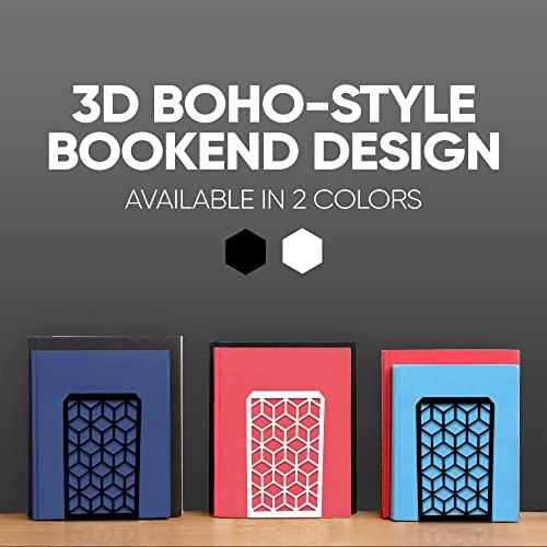 Image of Geomod 3D Cube Black Metal Bookends Decorative for Heavy Books - Sturdy Boho Book Stops - Minimal Book Shelf Stopper - Durable Office Bookends - Weighted Metal Book Holders - 7x4.75 Inches - 1 Pair