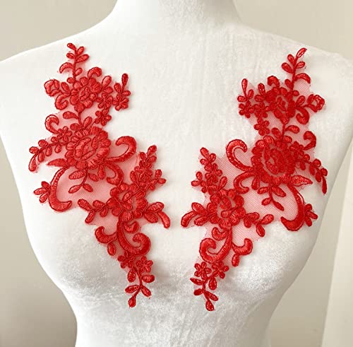 PEPPERLONELY 1 Pair Fine Lace Fabric Patches Embroidered Trim Applique Decor Dress Decoration, Red, 10 X 6 Inch