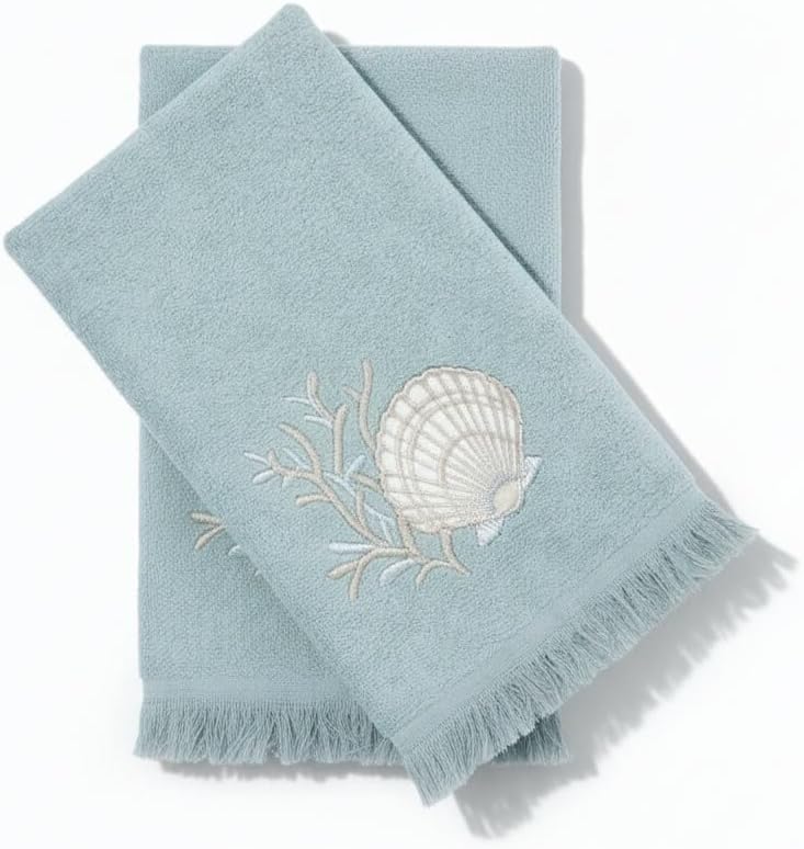 Avanti Linens – Fingertip Towel Set, 100% Cotton Velour Bathroom Towels with Embroidery & Absorbent Terry Reverse, Coastal Home Decor, Set of 2 (Sand Shells Collection)