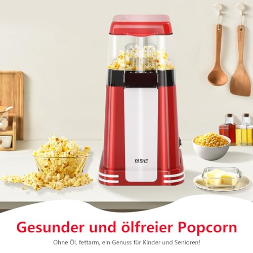 YASHE Popcornmaschine Retro, 1200 W Heißluft-Popcornmaschine mit Messbecher, One-Touch, Ölfrei, Perfekt für Heimkino, Filmabende, Partys