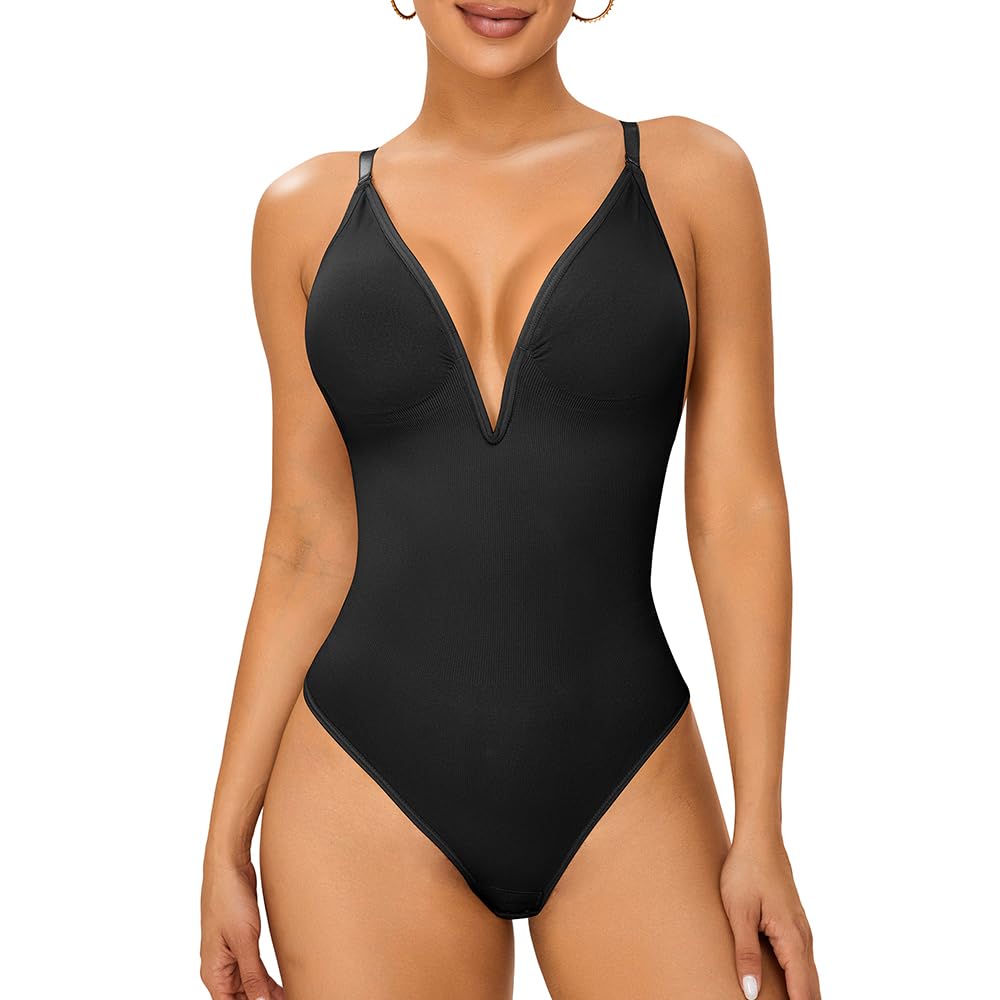 Deep V Neck Bodysuit Low Back Corset Shapewear for Women Tummy Control Thong Backless Body Shaper