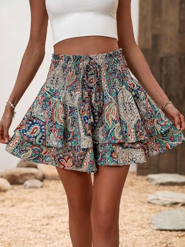Milumia Women's Paisley Tiered Layered Mini Skirt Tie Front Shirred Waist Ruffle Hem Short Skirts4