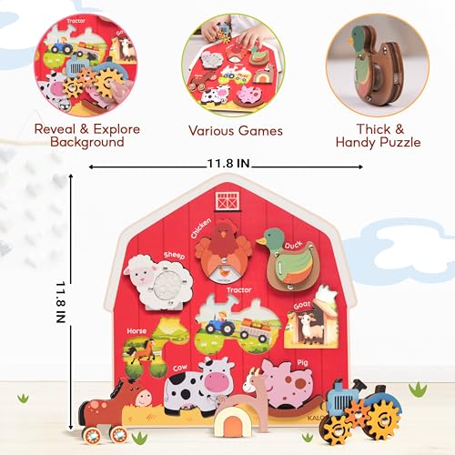 Image of KALOTOYS Wooden Farm Animal Puzzle for Toddlers 1-3 - 8 Piece Montessori Sound & Sensory Puzzle with Textures & Spinning Tractor Gears - Fine Motor Learning Toy & Autism-Friendly Baby Gift