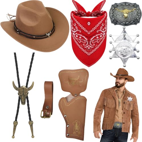8 Stück Cowboy Kostüm Zubehör Set, Deluxe Western Cowboy Outfit Kit mit Brauner Hut Paisley Bandana Holster Gürtel Boloschnalle Krawatte Halskette Sheriff Abzeichen für Herren Cosplay Party