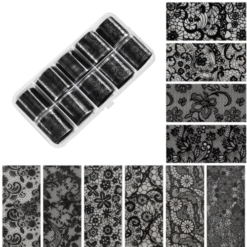 Ceriselle Lace Nail Foil, 10 bandes de film transfert pour ongles & film dentelle noire, films holographiques pour design de ongles DIY et décoration de manucure