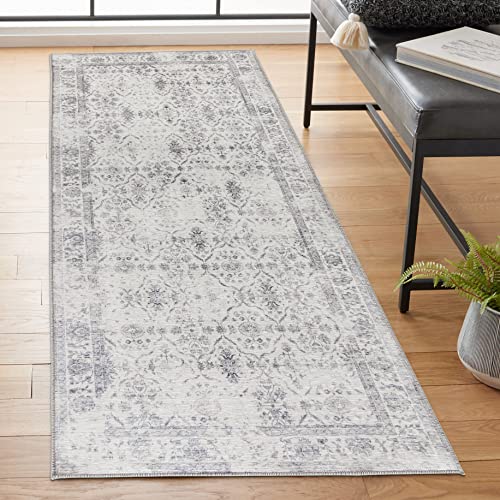ReaLife Rugs Machine Washable Area Rug Runner - Living Room Bedroom Bathroom Kitchen Entryway Office - Padded Low Pile Stain Resistant Premium - Boho Farmhouse Vintage - Noor - Ivory Grey 2'6