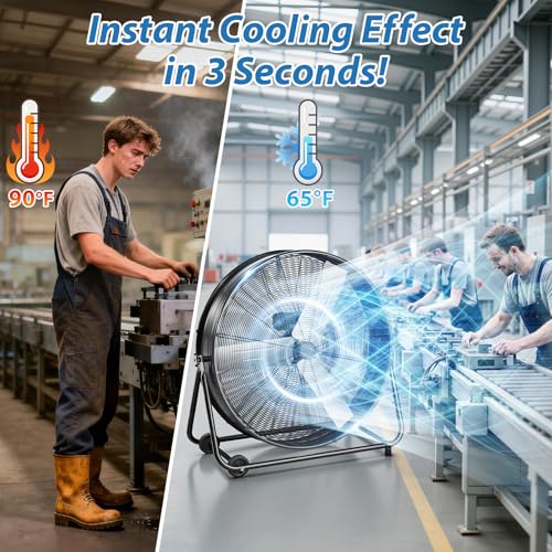 Image of LifePlus 36 inch Industrial Drum Fan, 600W High Velocity 3-Speed Heavy Duty Metal Air Circulator with 360 Tilt, Casters Handle for Warehouse Factory workshops Patios Garage 21800 CFM