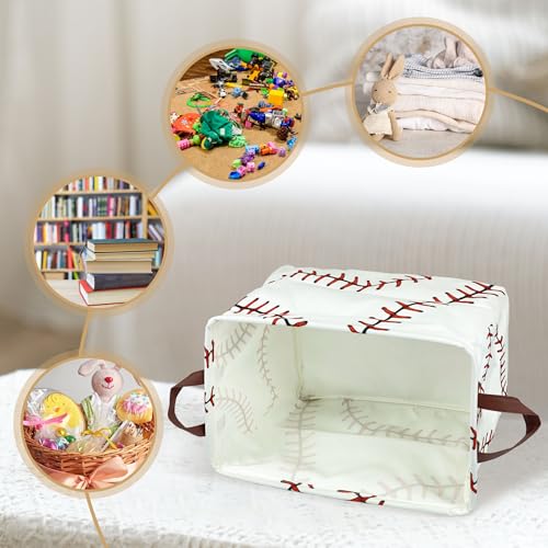 Image of Baseball Decor Storage Basket Waterproof Canvas Toy Storage Bin Baseball Room Decor Collapsible Outdoor Basket with Leather Handles Blanket Baskets For Closets,Bedrooms,Gifts Baskets