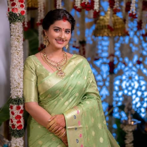 Image of Sarees for Women Wear Organza Silk Banarasi Sari Kanjivaram Pure Paithani Wedding Original Kanchipuram Pattu Sadi with Blouse Piece 2026 (KeriFlower)