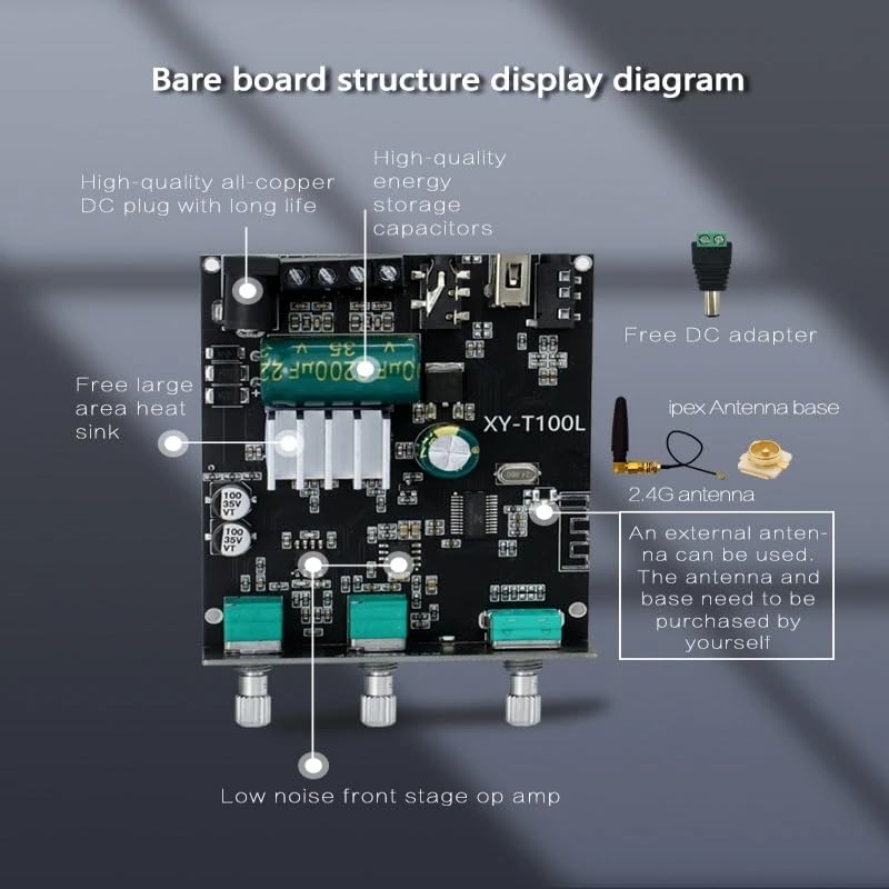 Image of Electrobot XY-T100L 100W+100W Bluetooth 5.0 Stereo Amplifier Board | AUX /USB /BT Input | Bass & Treble Control | DC 5-24V | Mobile App Control | HiFi Audio for DIY Home Audio Projects
