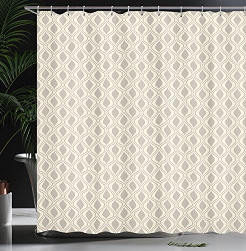 ABAKUHAUS Retro Shower Curtain, Abstract Ornament with Vertical Wavy Lines Curvy Old Fashioned Geometrical Tile, Cloth Fabric Bathroom Decor Set with Hooks, 86 Inches Extra Long, Taupe and Beige - Image 3
