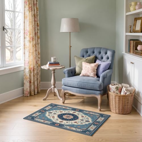 ODIKA 2'x3' Slate Blue Ivory Medallion Design Ultra-Soft Accent Mat