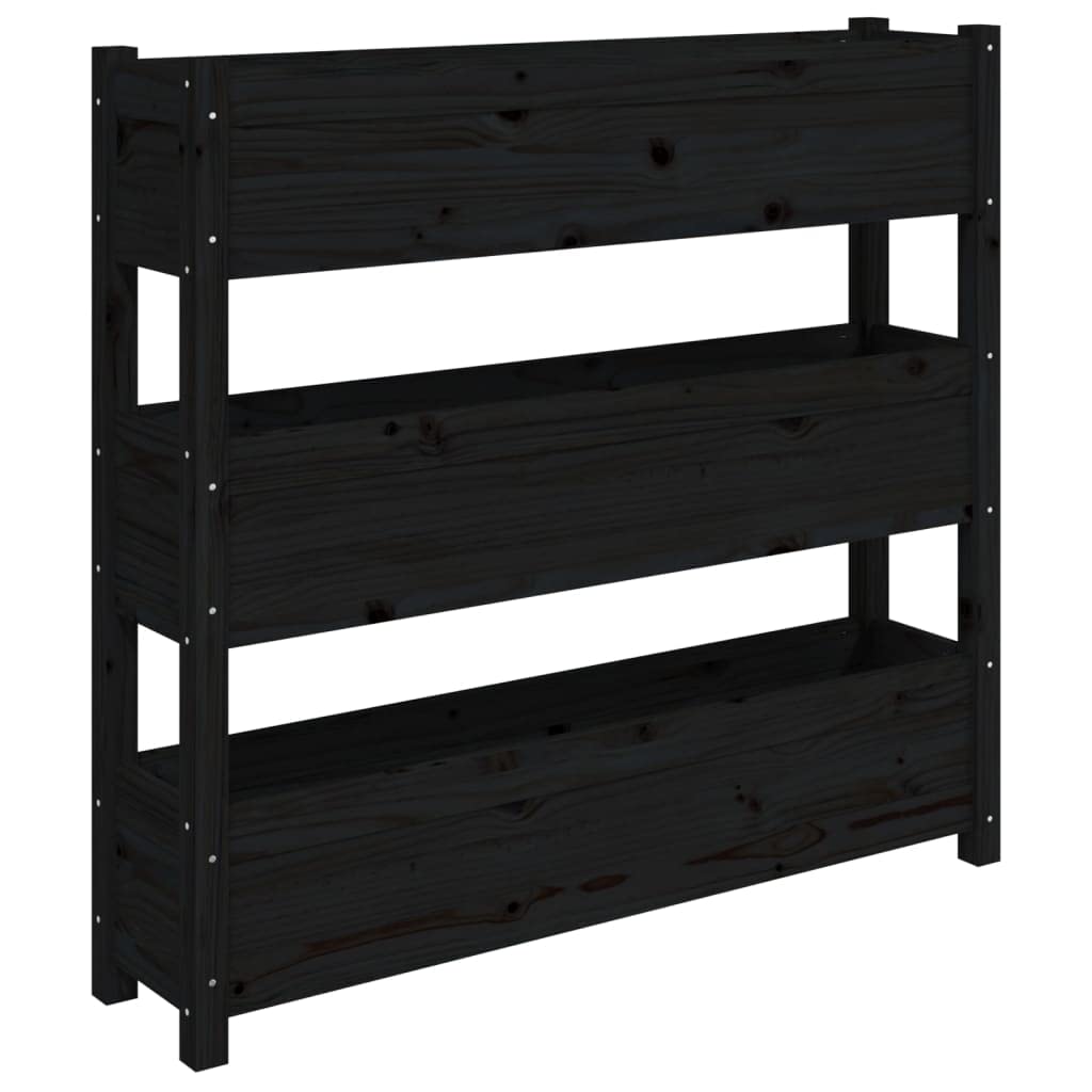 Pflanzkübel Schwarz 112x25x104,5 cm Massivholz Kiefer, 3 Etagen Hochbeet für Garten Balkon Terrasse & Wohnzimmer, Stabiles Blumenregal für Kräuter Blumen und Pflanzen