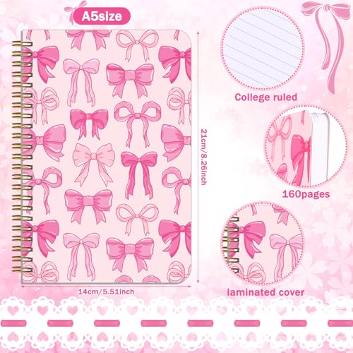 Image of Resurhang 6 Pack Bow Spiral Notebooks 5.8 x 8.3 Inches | Coquette Bow with Bow Pens, Ruled for School Office, Coquette Preppy Aesthetic Back to School Supplies for Girls