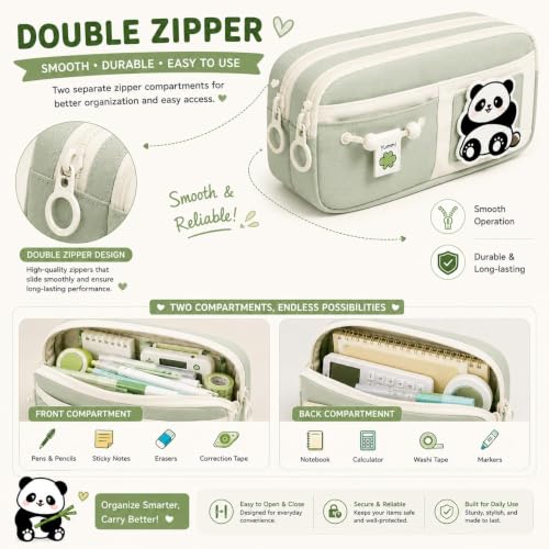 Image of Cute Aesthetic Pencil Case for Girls & Boys | 3 Layer 6 Compartment Large Capacity Pencil Pouch with Zipper | Cartoon Stationery Organizer Bag for Students & Kids (Green)
