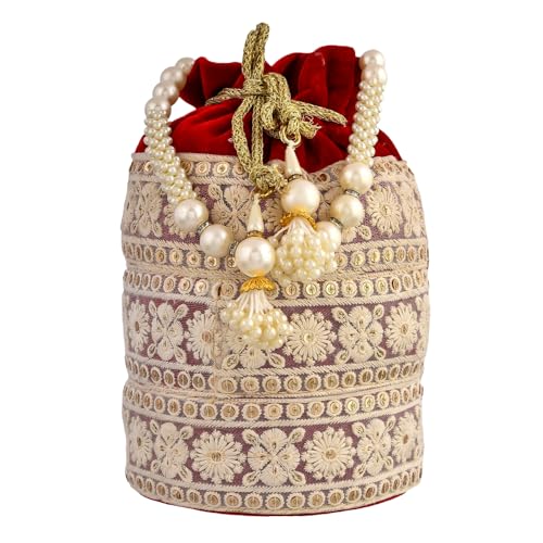 Image of Kuber Industries Potli | Velvet Wedding Potli | Beads Handle Potli | Wallet Potli | Christmas Gift Potli | Baby Shower Potli | Lucknowi Potli | Embroidery Potli | Red