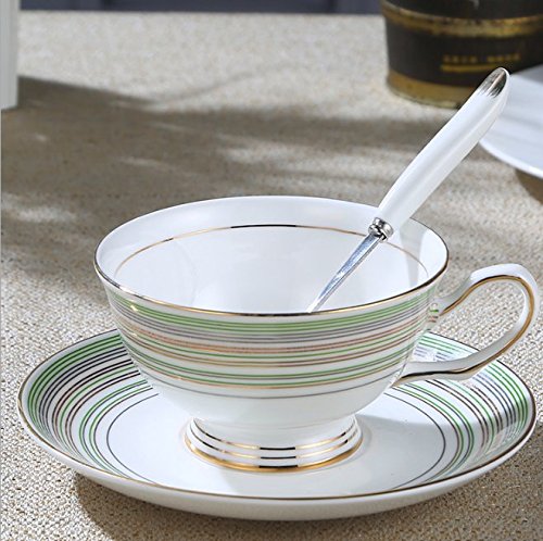 TOUCH vida Bone China Tazas/tazas de café y platillos Juegos con spoons-6.7oz, para casa, restaurantes, pantalla y vacaciones regalo, Golden y verde, 1 set