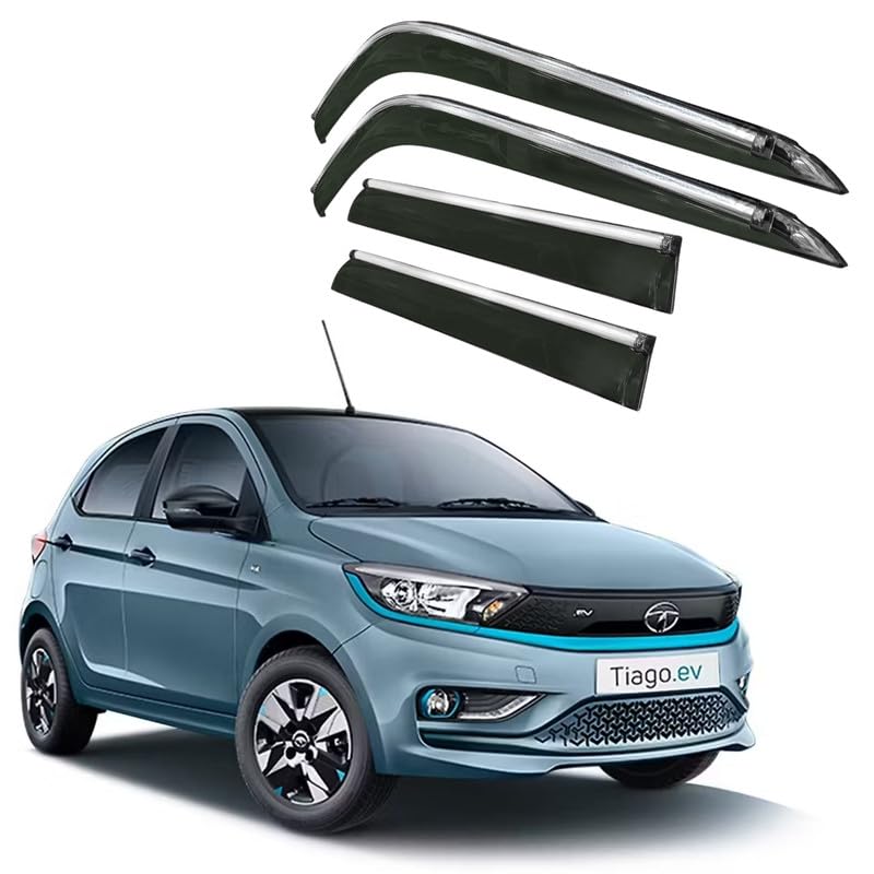 Image of CAR SAAZ Side Door Visors for Tiago EV (2022-present)(Set of 4Pcs)|Chrome Lined Rain Guards, Polycarbonate, Smoke Finish