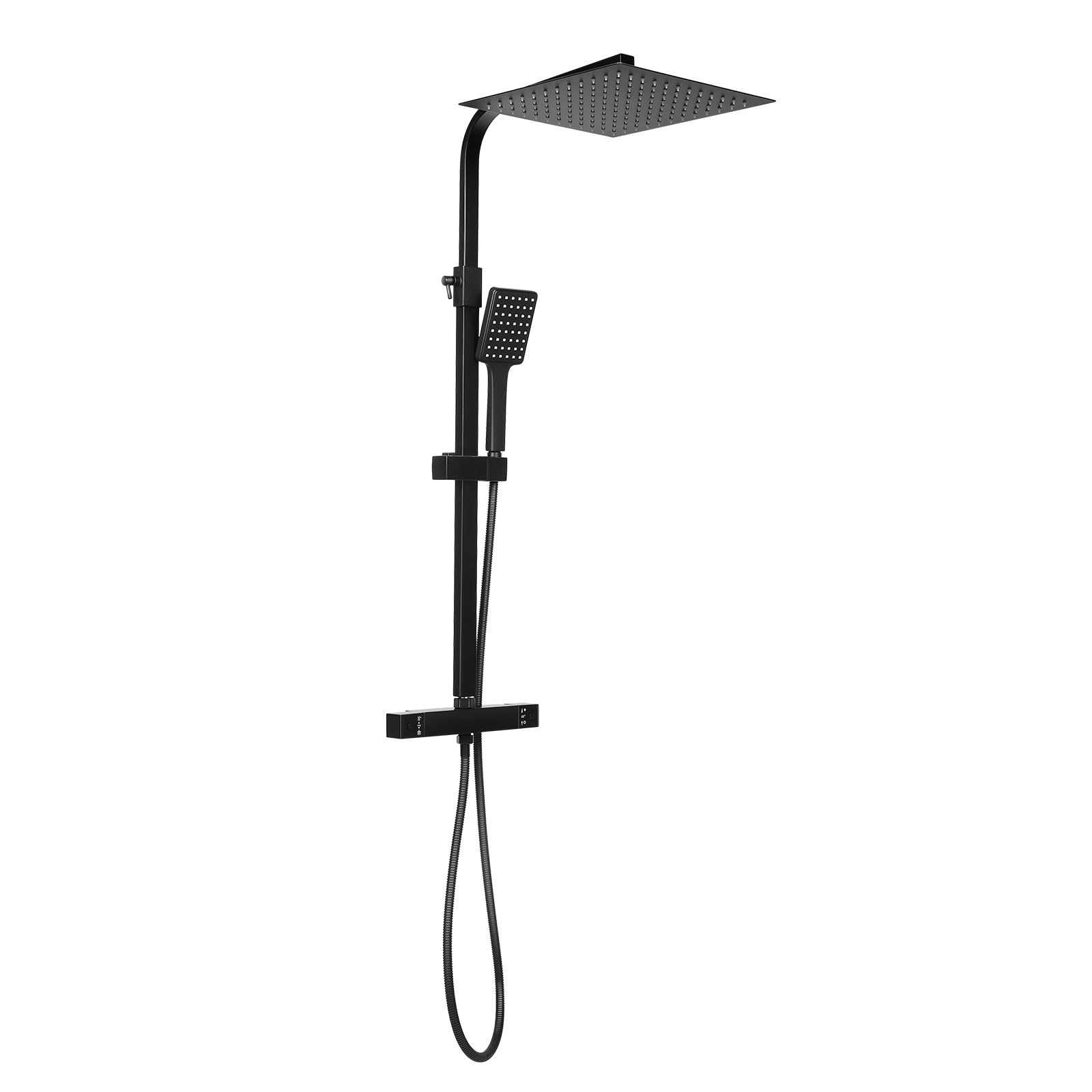 System prysznicowy z termostatem, czarny, deszczownica 30 x 30 cm, armatura prysznicowa ze słuchawką prysznicową, kolumna prysznicowa z regulacją wysokości, zestaw prysznicowy do łazienki, z wężem i
