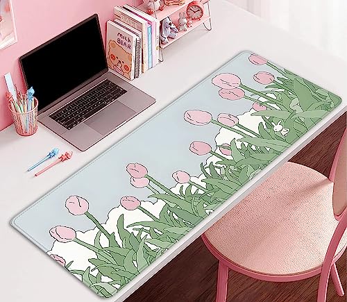 Image of Tulip Flower Mouse Pads,Pink Mouse Pad for Woman,Large Desktop Mat for Keyboard and Mouse,XL Mousepad for Home Work Game(27.5X11.8 in)