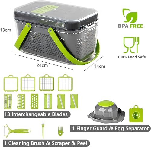 Image of 22 in 1 Vegetable Chopper with Container and Interchangeable Blades, Manual Food Slicer Dicer and Grater Set with Lid, Finger Guard and Cleaning Tools