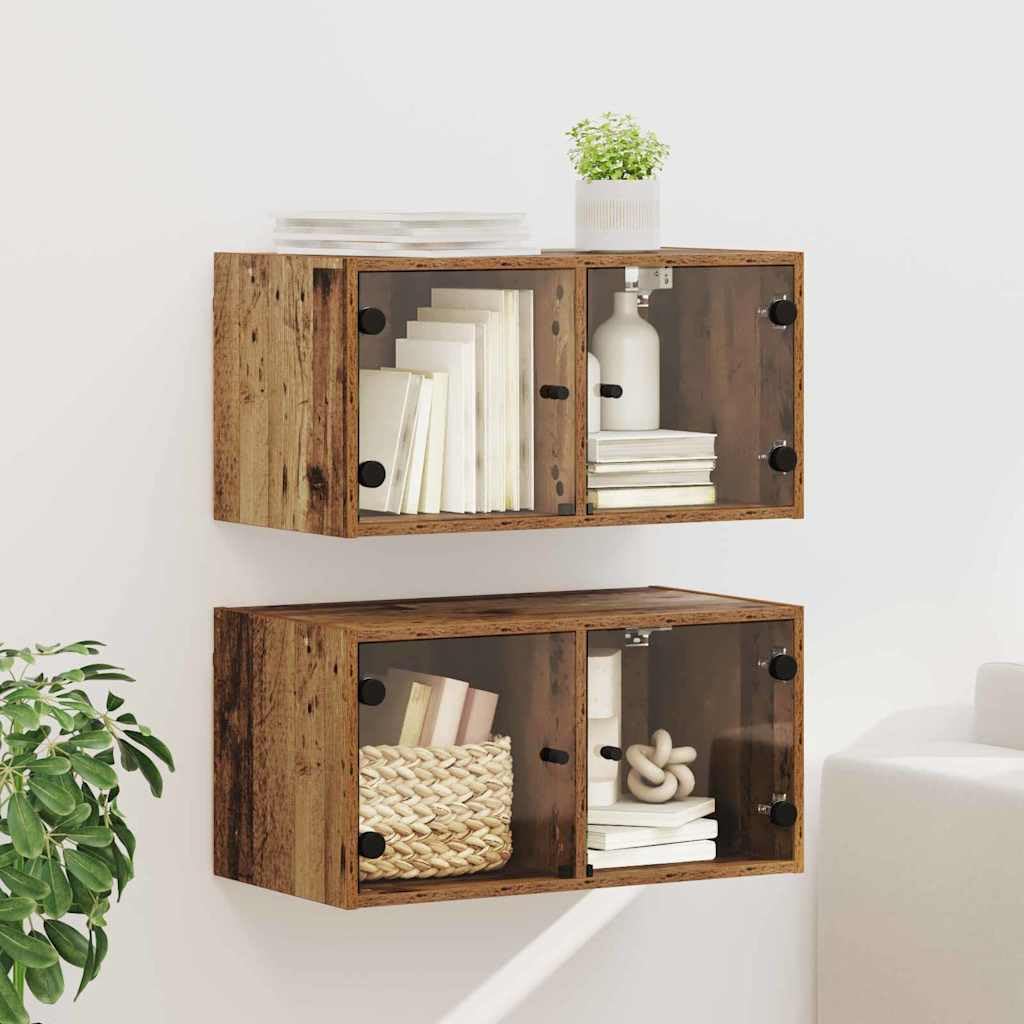 2er Set Wandschränke Altholz Optik, 68x37x35 cm Hängeschrank mit Glastüren, Holzwerkstoff, für Wohnzimmer und Büro
