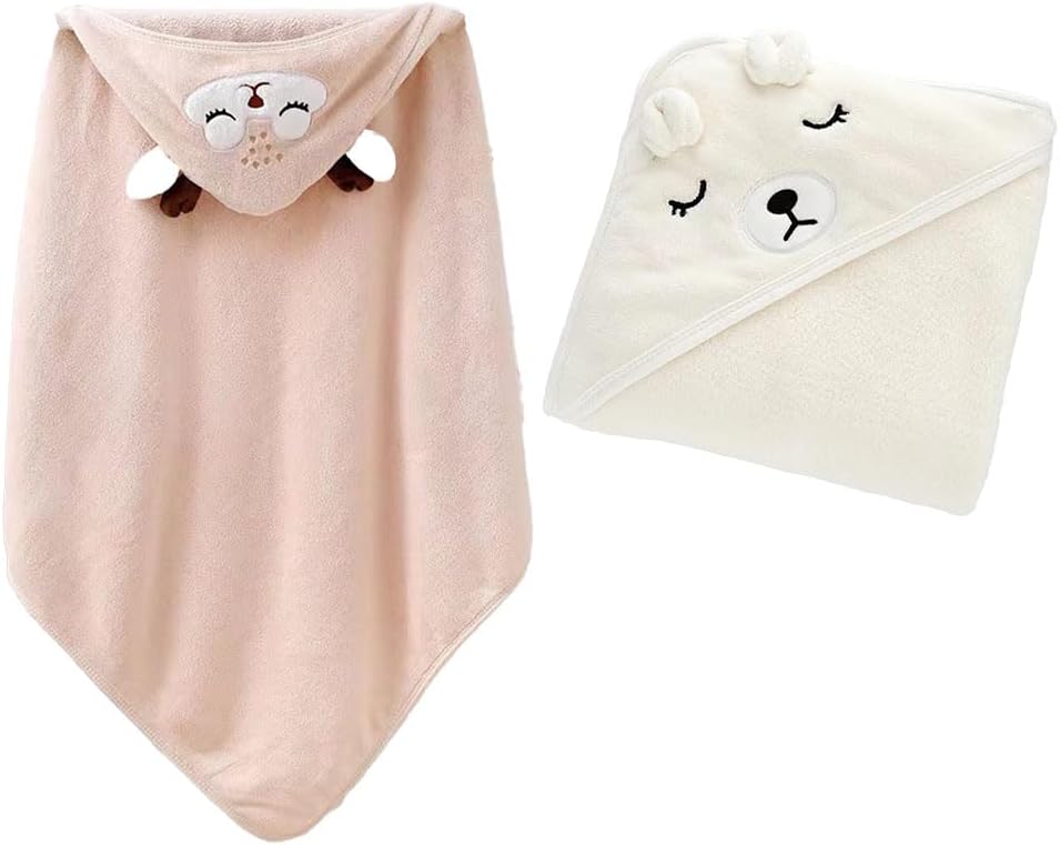 JZS Hooded Baby Towels, 2 Pack Premium Soft Bamboo Bath Towel for Babies, Ultra Absorbent, Natural Baby Stuff Towel with Hood for Boy and Girl(Bear+Deer)