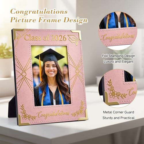 Image of FLYAB Class of 2026 Graduation Picture Frame Pink Photo Frame 4x6 Gold Foil - Congratulations Grad Gifts for Graduate Women Daughter High School College Senior Memory Keepsake Vertical Tabletop Display