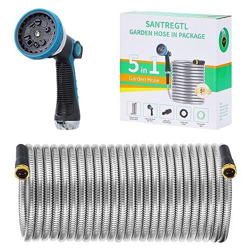 SANTREGTL Metal Garden hose 50 ft Flexible portable 304 Stainless steel metal water hose with10 Function Hose Nozzle Heavy Duty Lightweight Retractable Water Hose pipe, 3/4 inch Solid Brass Fittings