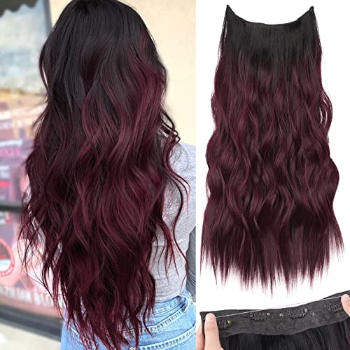 KooKaStyle Long Wavy Invisible Wire Hair Extensions Synthetic Hairpiece 20 Inch with 4 Secure Clips Adjustable Invisible Wire Headband for Women (Ombre Black to Wine Red,Burgundy Hair Extension)