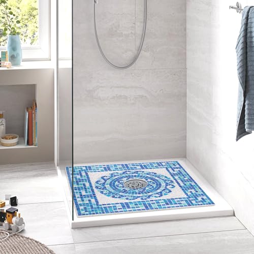 Image of Square Shower Mat Non Slip: 24 x 24 Inch Soft Loofah Shower Stall Mat with Center Drain Hole - Secure Stand Up Shower Grip Pad for Inside Shower