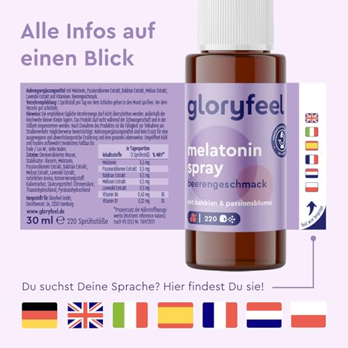 Melatonin Spray Beere - Premium: 5-fach höher dosiert* für 220 Tage + Passionsblume, Baldrian, Melisse, Lavendel, Vitamin B6 & B1 - Sleep Spray ohne Alkohol, Zuckerfrei und Vegan
