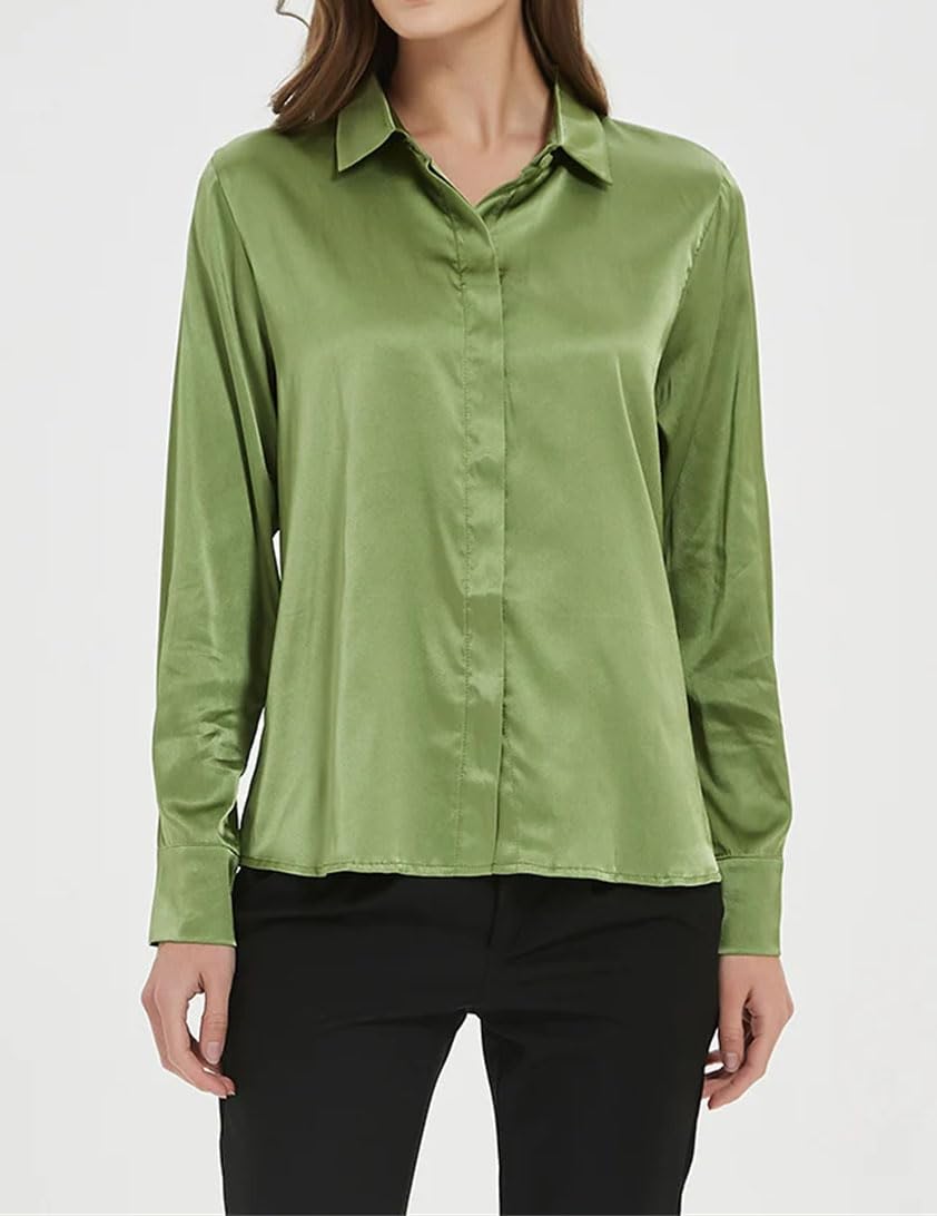 Camisas lisas para mujer, 100 % seda real, de manga larga, blusas de primavera y verano, para la oficina