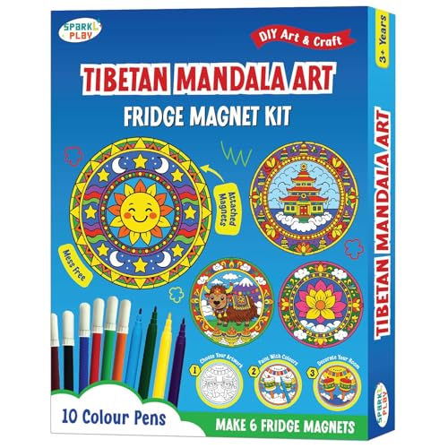 Image of SparkLPlay DIY Mandala Art Kit for Kids - Tibetan Mandala. Coloring Set with - 6 Magnetic Cutouts,12 Color Pens & Booklet. Creative Art & Craft. Mess Free. Gifts for Kids.