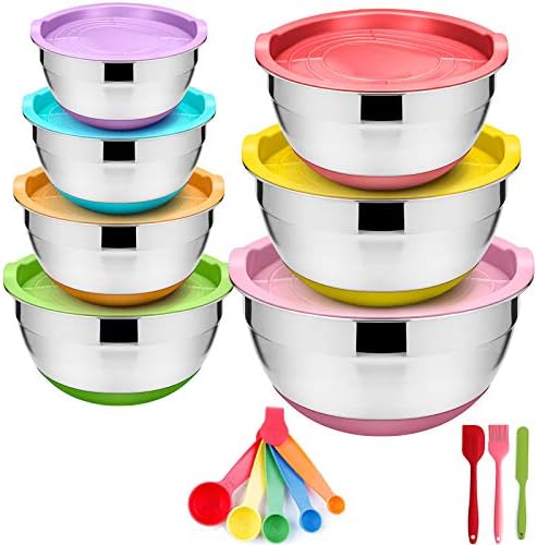 WEZVIX Stainless Steel Mixing Bowl Set of 7 Nesting Bowls with Colorful Silicone Bottom, Measurements Marks and Airtight Lids Dishwasher Safe - 7-5-4-3.5-2.5-2-1.5 QT