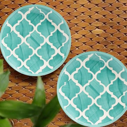 Image of Extra Strong Quarter Serving Ceramic 7.28 Inch Plates, Moroccan Decorative Dinnerware Side Thali for Snacks, Dessert, Small Meals, Salad & Gifting (Seafoam Green, Set of 2)